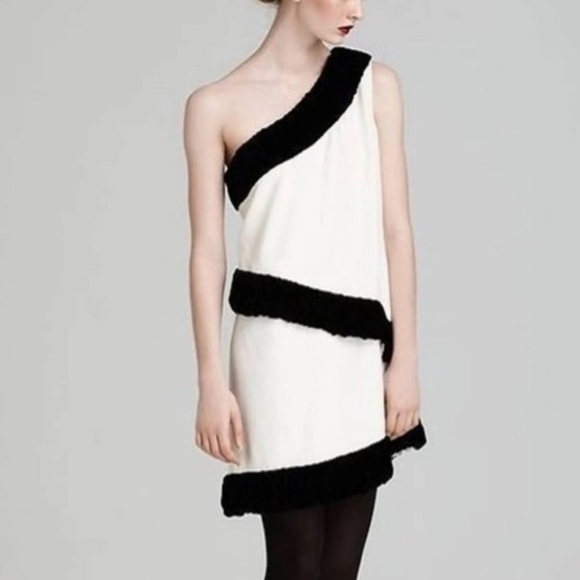 Rachel Zoe- Ivory One Shoulder Mini Dress with Black Velvet Trim - Picture 1 of 4